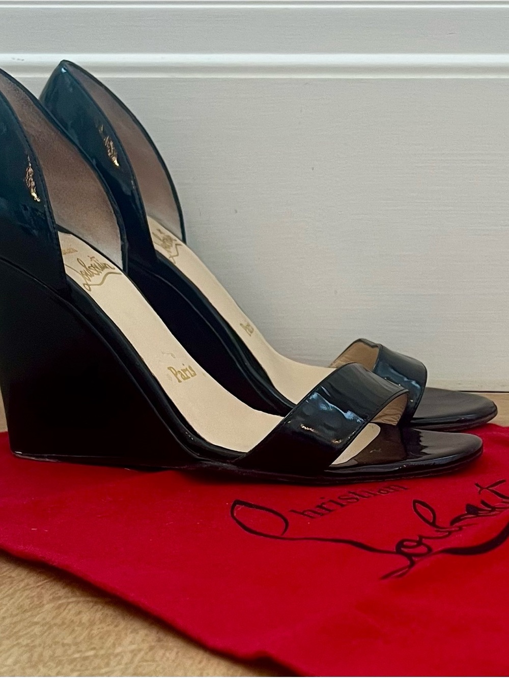 Christian Louboutin Black Patent Leather Open-Toe Wedge Sandals Size US 7/EU 37